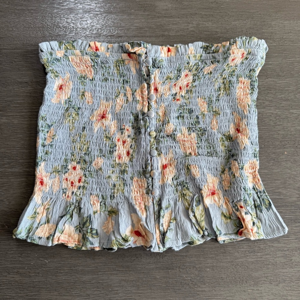 ARO Blue Grey Floral Smocked Button Tube Top Tank M - Picture 4 of 11